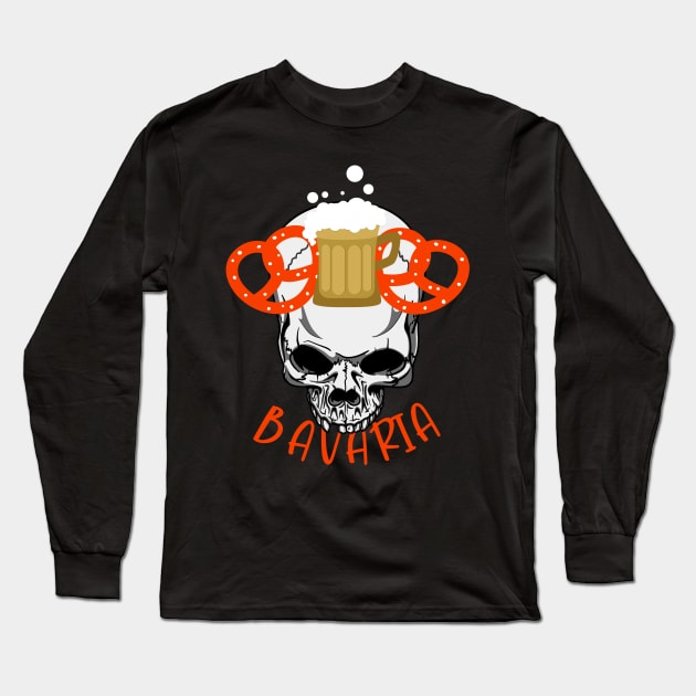 Bavaria Skull Pretzel & Beer Oktoberfest Germany Long Sleeve T-Shirt by Foxxy Merch